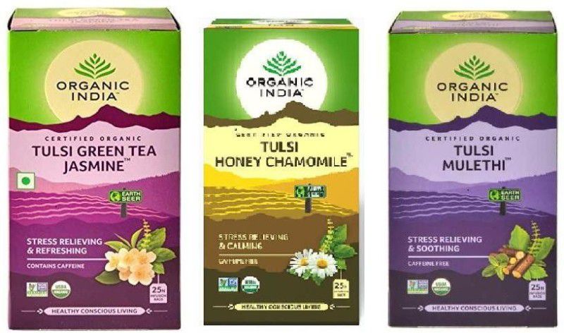 ORGANIC INDIA Combo Of Tulsi Mulethi, Tulsi Honey Chamomile & Tulsi Green Tea Jasmine-25 bags Herbal Tea Bags Box  (3 x 0.03 kg)