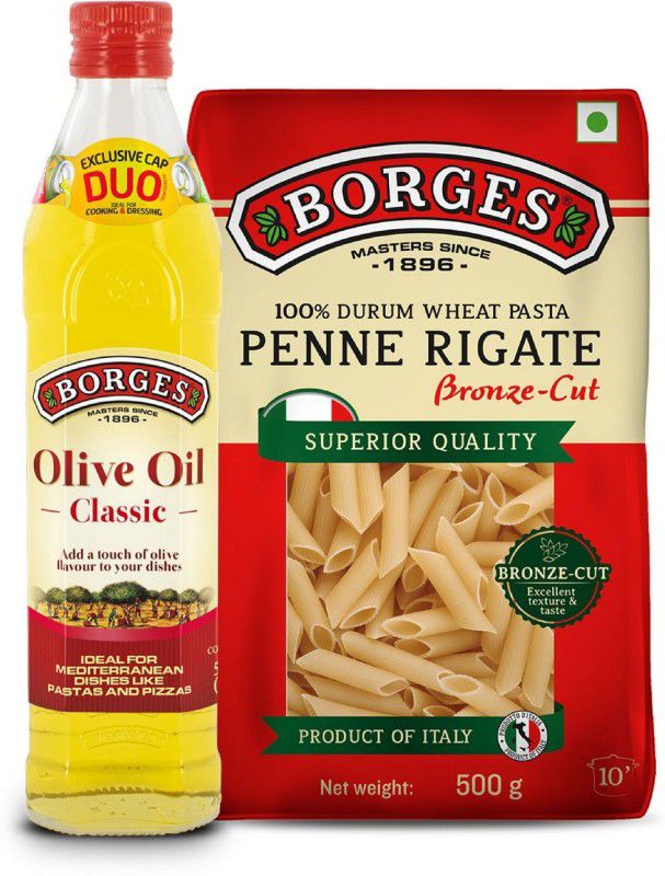 Borges Penne Rigate Durum Wheat Pasta, 500gm & Classic Olive Oil, Healthy Cooking Olive Oil Glass Bottle  (500 ml)