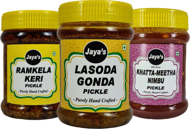 jaya's JAYA's Pickles Combo 3 in 1 Lasoda Gonda, Ramkela Keri, Khatta-Meetha Nimbu Raw Mango(Kairi), Lesua, Lemon Pickle  (3 x 266.67 g)