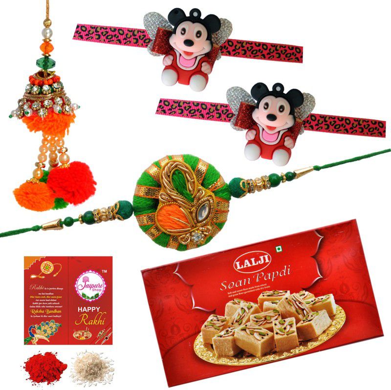 Jaipuri Shop Lalji Soan Papdi 400gm With Multicolor Fancy With Mickey Mouse Kids 4 Rakhi Set - LALSPD13b_5-1BBSET2KIDMIKII Combo  (Soan Papdi 400gm)