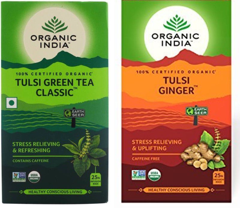 ORGANIC INDIA Tulsi Green Tea Classic 25 Tea Bag & Tulsi Ginger 25 Tea Bag Tulsi Tea Bags Box  (2 x 25 Bags)