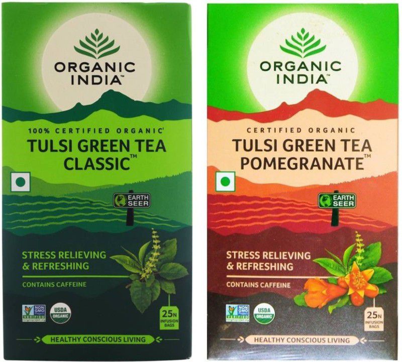 ORGANIC INDIA Tulsi Green Tea Classic, 25 Tea Bag & Tulsi Green Tea Pomegranate, 25 Tea Bags Pomegranate Tea Bags Box  (2 x 25 Bags)
