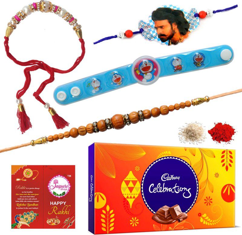 Jaipuri Shop Cadbury Celebrations Chocolate Box 127gm With Multicolor Fancy Bhaiya-Bhabhi With Doraemon-Bahubali Kids 4 Rakhi Set Combo  (8)
