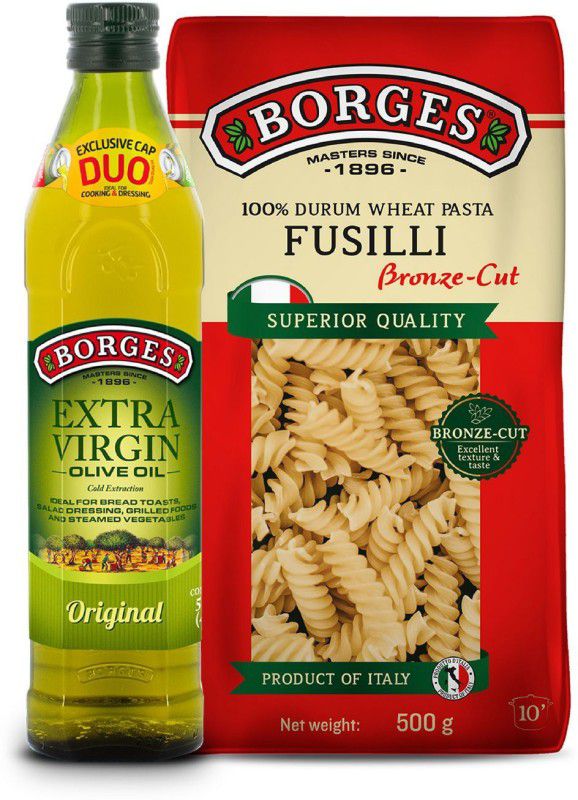 Borges Fusilli Durum Wheat Pasta, 500gm & Extra Virgin Olive Oil, Healthy Cooking Olive Oil Glass Bottle  (500 ml)