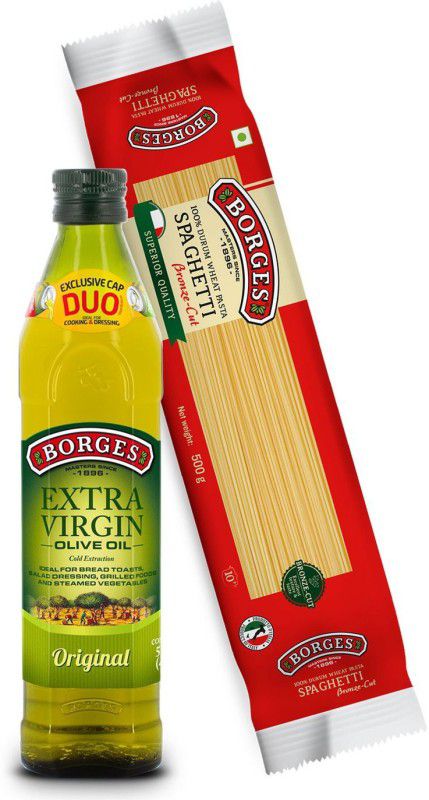Borges Spaghetti Durum Wheat Pasta, 500gm & Extra Virgin Olive Oil, Healthy Cooking Olive Oil Glass Bottle  (500 ml)