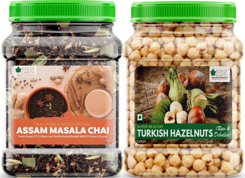 Bliss of Earth Combo Of Finest Assam Masala Chai (400gm), Blended CTC leaf infused with 20 real herbs & spices And Turkish Hazelnuts, Raw & Dehulled, Healthy & Tasty (500gm) Combo  (500gm, 400gm)