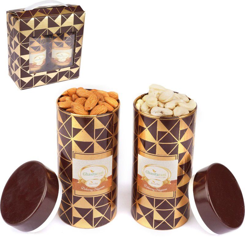 Jaiccha Dryfruits -Box 2 Tin Jars of Cashews and Almonds Combo  (Cashews 200gms, Almonds 200gms, 2 Tin Jars)