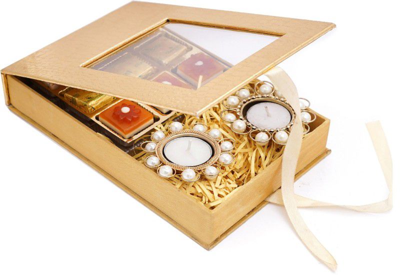 Ghasitaram Gifts Sweets-Golden Leather Bites Box with 2 T-Lites Combo  (Bites 225gms, 2 T-lItes)