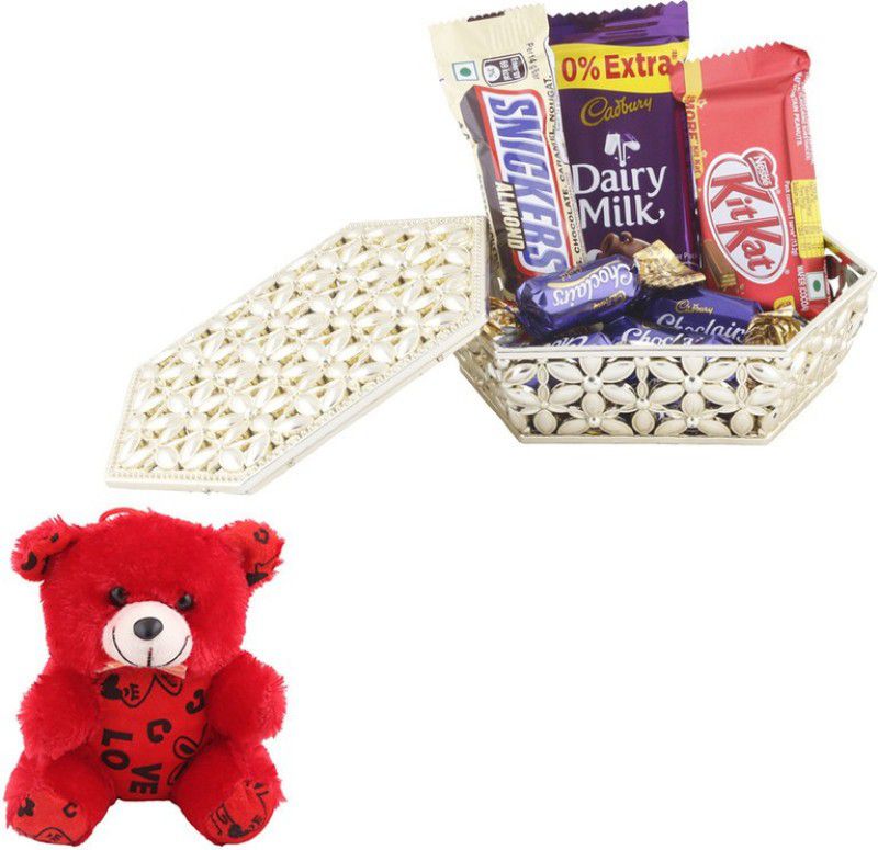 SurpriseForU Chocolate Gift | Valentine's Day Special Teddy Gift | Chocolate Gift Hamper|247 Combo  (Golden box-Kitkat -Dairy Milk -Snickers Almond -5 ChoclairsTeddy)