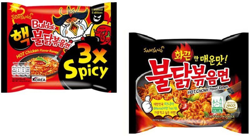 Samyang Stir Fried Noodles -140 g & 3X Spicy Noodles - 140 g(Pack of 2) (Imported) Instant Noodles Non-vegetarian  (2 x 140 g)