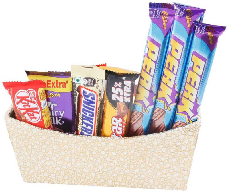 SurpriseForU Chocolate Gift | Chocolate Gift Hamper With Beautiful Golden Wooden Basket Combo  (1 Basket - 1 Snickers Almond - 1 5Star - 1 Dairy Milk - 1 Kitkat - 3 Perk)