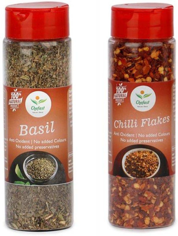 Chefast Pack Of 2 Chilli Flakes (60g) And Basil Flakes (30g) For Pizza , Pasta and Cooking  (90 g)