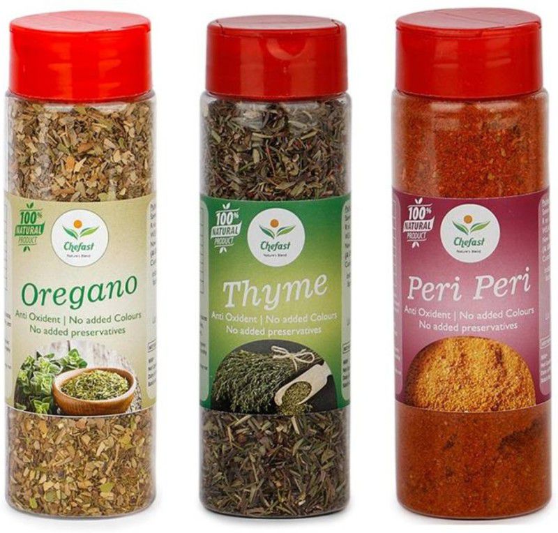 Chefast Pack of 3, Dried Oregano Flakes 55 gm, Dried Thyme Flakes 40 gm & Peri Peri Mix 100 gm for Pizza Pasta. In Sprinkler Bottle,  (195 g)