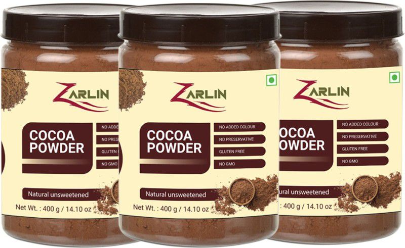 ZARLIN Unsweetened & Natural 400 Cocoa Powder for Making Chocolate Cake, Cookies, Bread, Shake, Brownies, Desserts | Vegan, Keto & Gluten Free With Jar (Pack Of 3) Cocoa Powder (1200g) Cocoa Powder  (3 x 400 g)