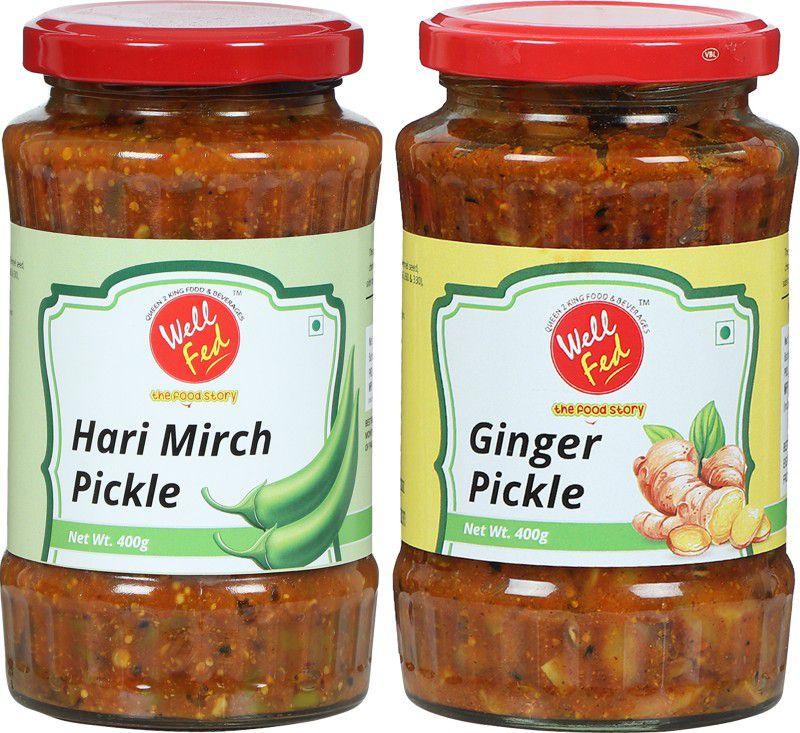 wellfed Hari Mirch Pickle & Ginger Pickle Combo | 400g Each | Pack Of 2 | Green Chilli, Ginger Pickle  (2 x 400 g)
