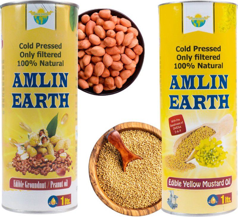 Amlin Earth WOOD PRESSED OIL COMBO YELLOW MUSTARD OIL & Groundnut Oil Tin  (2 x 1 L)