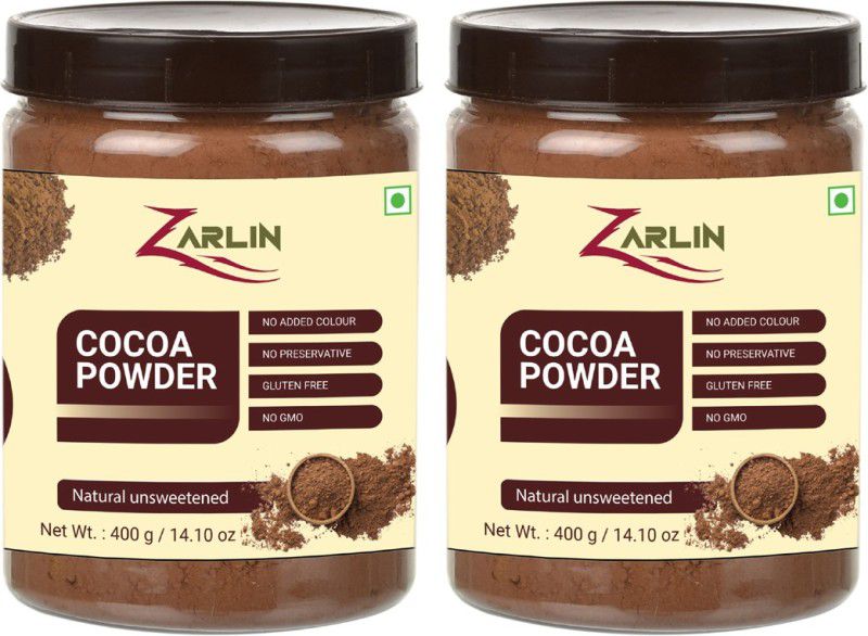 ZARLIN Unsweetened & Natural 400g Cocoa Powder for Making Chocolate Cake, Cookies, Bread, Shake, Brownies, Desserts | Vegan, Keto & Gluten Free With Jar Pack Cocoa Powder Baking Powder Pack of 2 (800g) Cocoa Powder  (2 x 400 g)