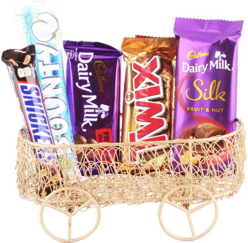 SurpriseForU Chocolate Gift | Lovely Combo of Chocolates and Metal Cart Basket Combo  (Metalcart-Silk-Twix-Bounty-DairyMilkF&N-Snicker)
