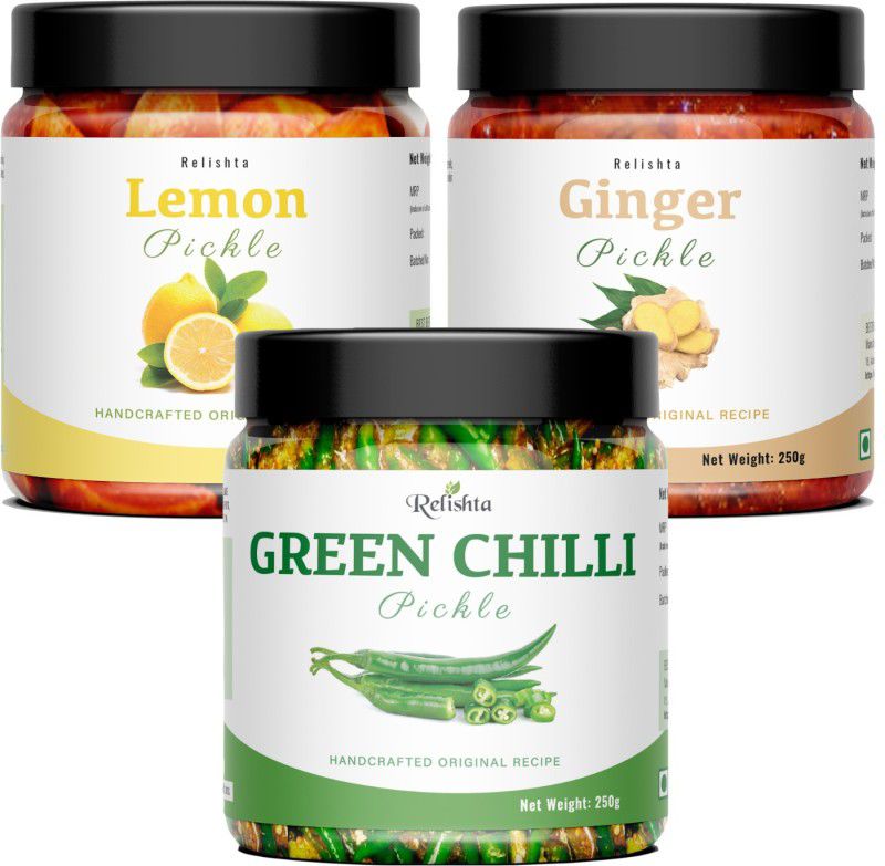 Relishta Green Chilli Lemon & Ginger Pickle Hari Mirch Achar (4x250G) Less Oil Homemade Green Chilli Pickle  (3 x 250 g)