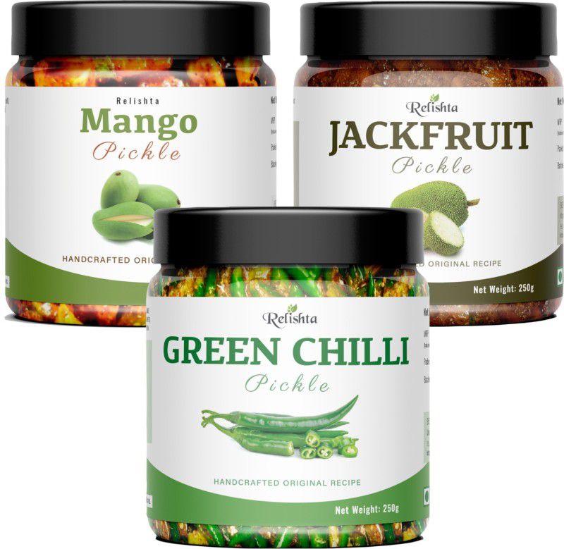 Relishta Green Chilli Mango & Jackfruit Pickle Mirch Ka Achar (4x250G) Less Oil Homemade Green Chilli Pickle  (3 x 250 g)