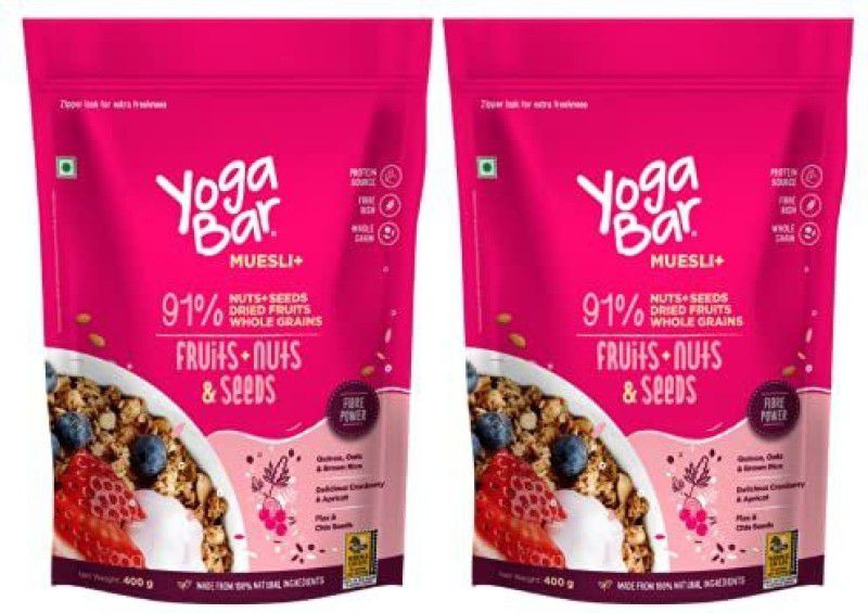 Yogabar Muesli | Fruit and Nuts & Seeds | 400g x 2 |Breakfast Cereal Muesli with 92% Wholegrains, Nuts, Seeds & Dried Fruits | Low Sugar | Free from Preservatives Muesli | Gluten Free Granola Pouch  (2 x 400 g)