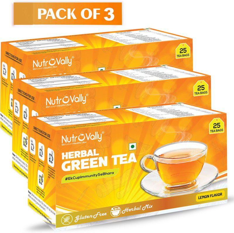 NutroVally Herbal green tea for weight loss & Build Immunity | Premium tea leaves with 18 Active Ingredients (herbal Green tea bag) Lemon Herbal Tea Bags Box Lemon Herbal Tea Bags Box  (3 x 25 Bags)