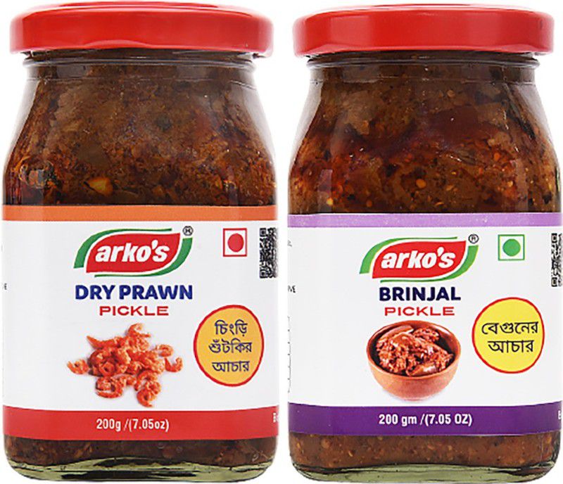 ARKOS Homemade Combo Pickle Brinjal and Dry Prawn Pickle, 200gm +200gm Prawn Pickle  (2 x 0.2 kg)