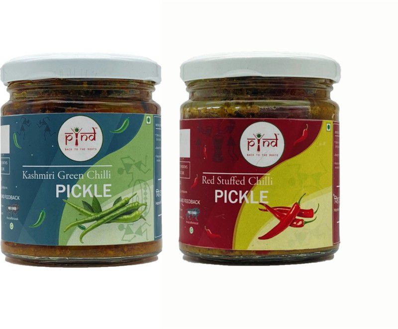 pind COMBO PICKLE 2 IN 1, HOMEMADE KASHMIRI GREEN CHILLI PICKLE, STUFFED RED CHILLI PICKLE, PINDDA ACHAAR, 200GM EACH Mixed Pickle  (2 x 200 g)