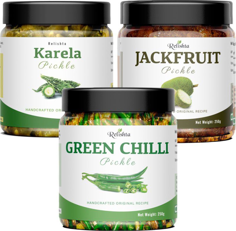Relishta Green Chilli Karela & Jackfruit Pickle Mirch Achar (4x250G) Less Oil Homemade Green Chilli Pickle  (3 x 250 g)