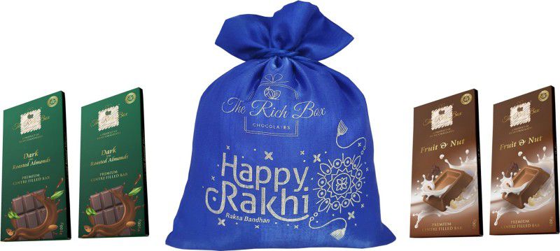 The Rich Box Two Dark Chocolate with Roasted Almond Bar and Two Fruit n Nut Chocolate Bar 100gm each in a Happy Rakhi Potli Combo  (Chocolate Bar - 4, Potli - 1)
