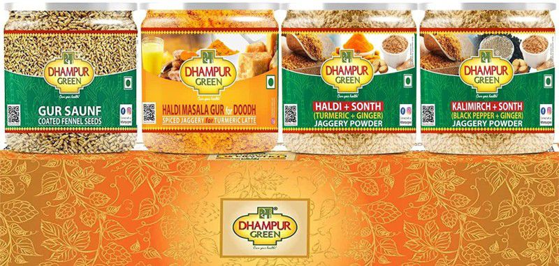 Dhampur Green Festival Gifting Combo pack , Spiced Jaggery set of 4 Combo  (Saunf (250g), Haldi Gur (300g) Jaggery (300g) & Black Jaggery (300g))