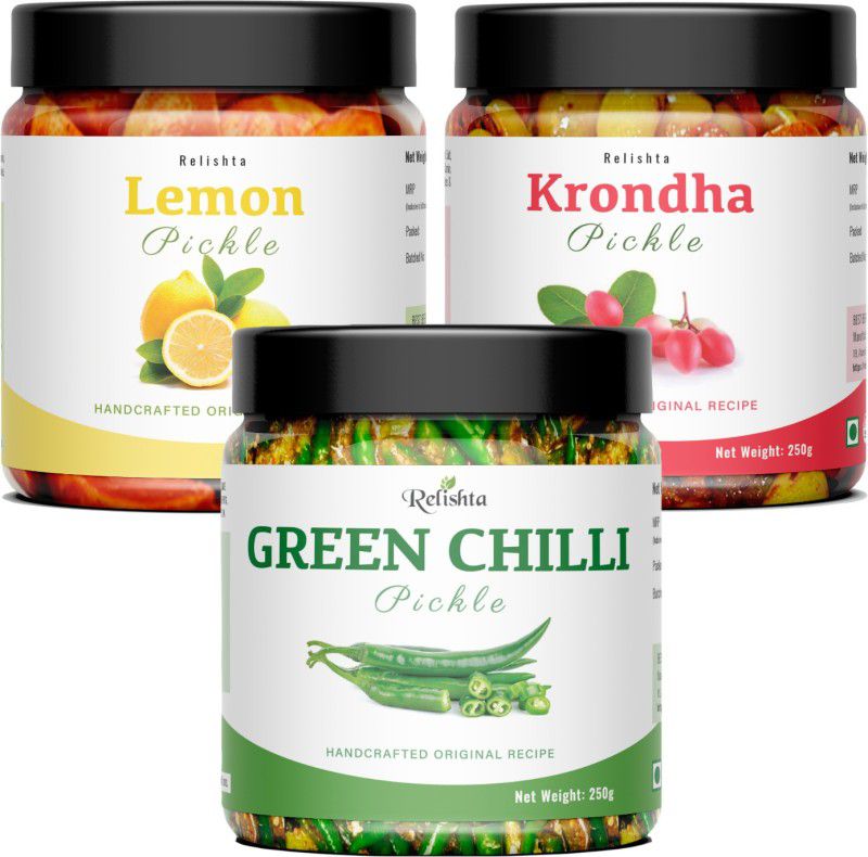 Relishta Green Chilli Lemon & Karonda Pickle Hari Mirch Achar (4x250G) Less Oil Homemade Green Chilli Pickle  (3 x 250 g)