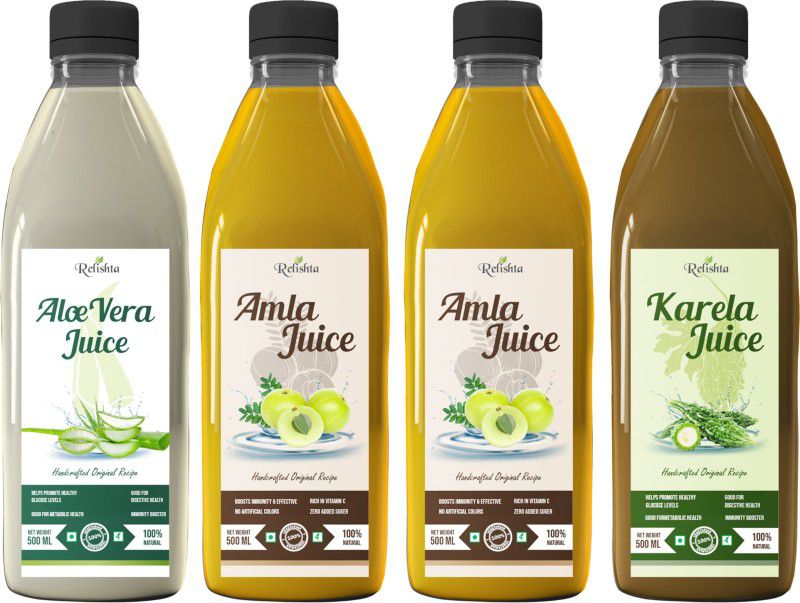 Relishta Aloe Vera Amla and Karela Juice - (4x500ML)Purifies Blood and Boosts Immunity  (4 x 500 ml)
