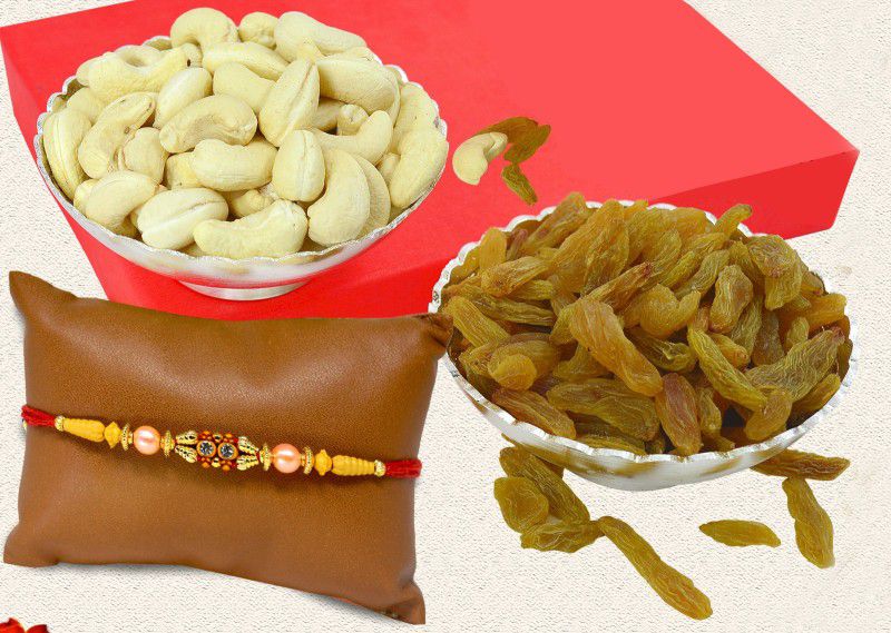 Midiron Rakhi gift, Rakhi with nuts, Rakhi gift for Brother, Rakhi for Brother (Designer Rakhi, Raisin, Cashew (100 gm each) Combo  (Cashew (100 Gm):: Raisin (100 Gm):: 1 Designer Rakhi)