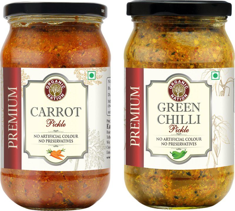 Organic Nation Carrot Pickle And Green Chilli Pickle Combo | Gajar Ka achar | Hari Mirch Ka achar Green Chilli, Carrot Pickle  (2 x 400 g)