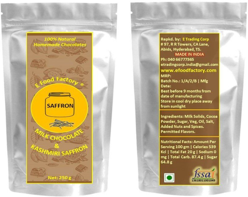 E Food Factory Home Made Milk Chocolate And Kashmiri Saffron Bars  (250 g)