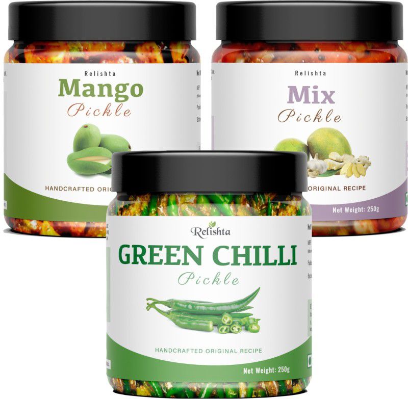 Relishta Green Chilli Mango & Mixed Pickle Hari Mirch Achar (4x250G) Less Oil Homemade Green Chilli Pickle  (3 x 250 g)