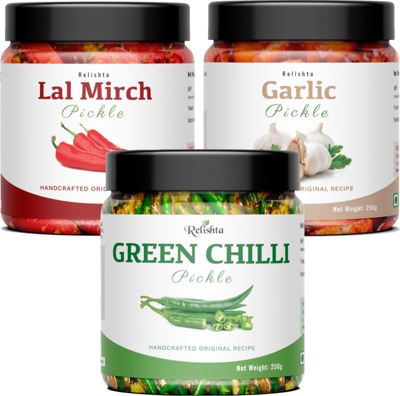 Relishta Green Chilli Lal Mirch & Garlic Pickle Mirch Ka Achar (4x250G) Less Oil Homemade Green Chilli Pickle  (3 x 250 g)
