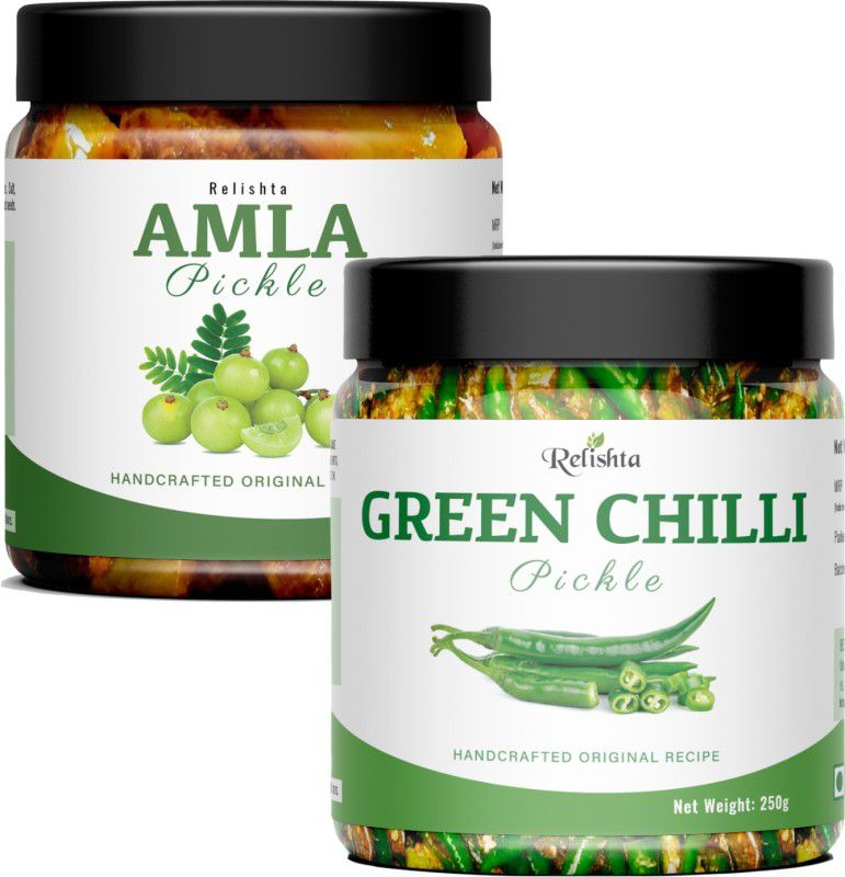 Relishta Green Chilli & Amla Pickle Hari Mirch Achar (4x250G) Premium Less Oil Homemade Green Chilli Pickle  (2 x 250 g)