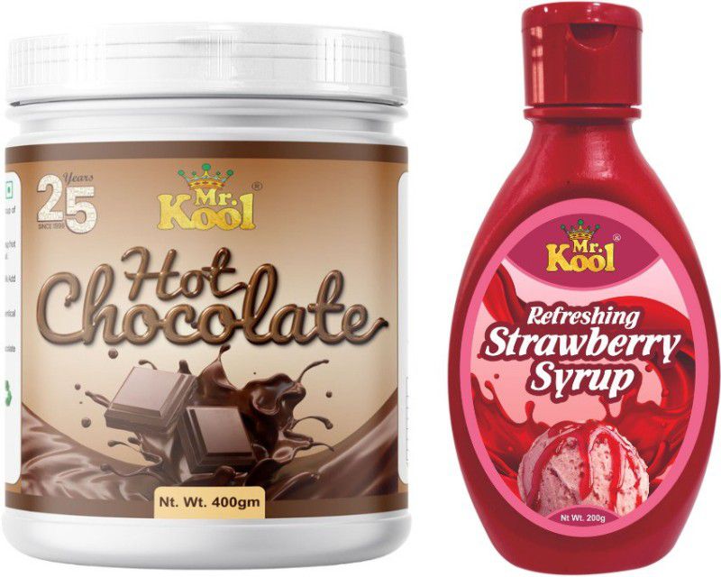 Mr.Kool Hot Chocolate Drink Powder(400gm) and Strawberry Syrup (200gm).Pack Of 2 Combo. Combo  (600gm)