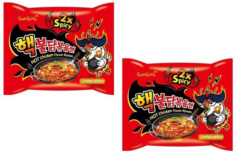 Samyang 2X Spicy Hot Chicken Flavour Instant Korean Noodles - 140gm*2Pack Hakka Noodles Non-vegetarian  (2 x 140 g)