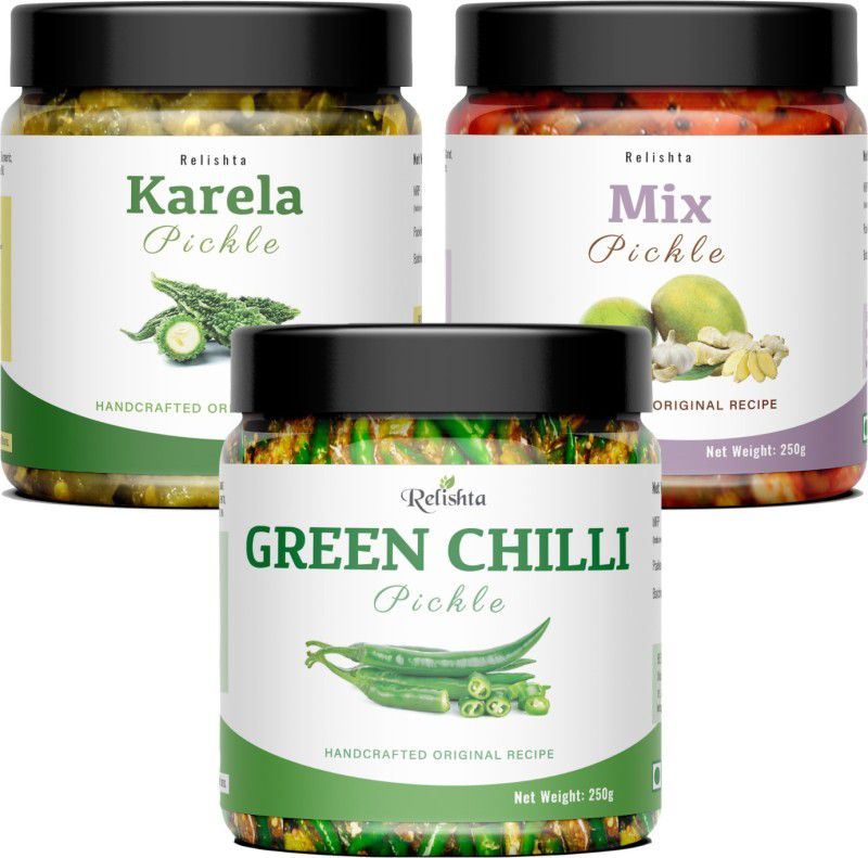 Relishta Green Chilli Karela & Mixed Pickle Hari Mirch Achar (4x250G) Less Oil Homemade Green Chilli Pickle  (3 x 250 g)