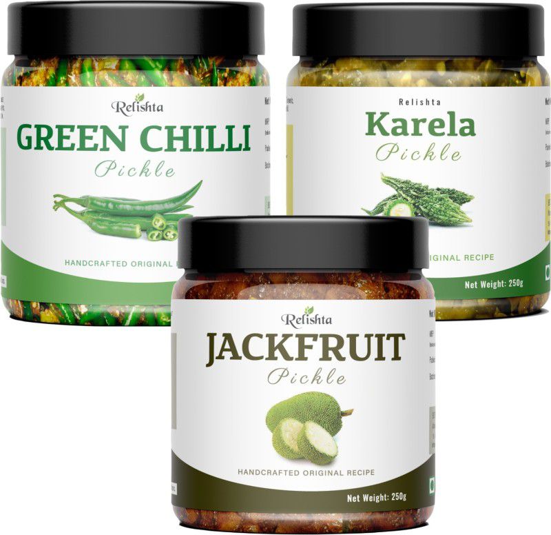 Relishta Jackfruit Green Chilli & Karela Pickle Kathal Achar (3x250G) Less Oil Homemade Jackfruit Pickle  (3 x 250 g)