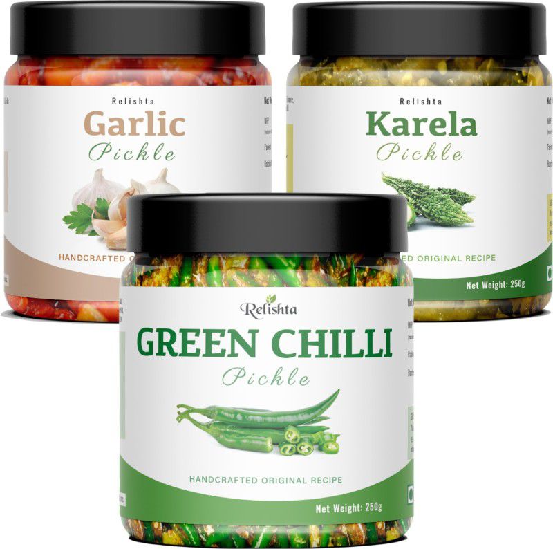Relishta Green Chilli Garlic & Karela Pickle Hari Mirch Achar (4x250G) Less Oil Homemade Green Chilli Pickle  (3 x 250 g)