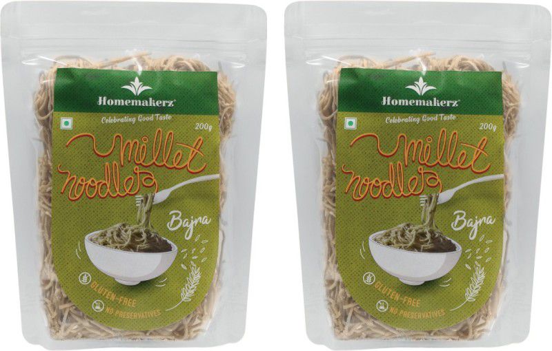 Homemakerz Bajra Millet Noodles - Gluten Free Millet Noodles - 200 gm Each Pack of 2 ( Total 400 g ) Hakka Noodles Vegetarian  (2 x 200 g)