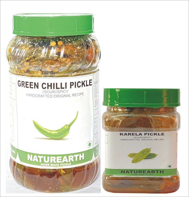 NaturEarth Green Chilli Pickle & Karela Pickle Combo ( 400+200 Gm) Maa Ke Hath Ka Achar Green Chilli Pickle  (2 x 300 g)