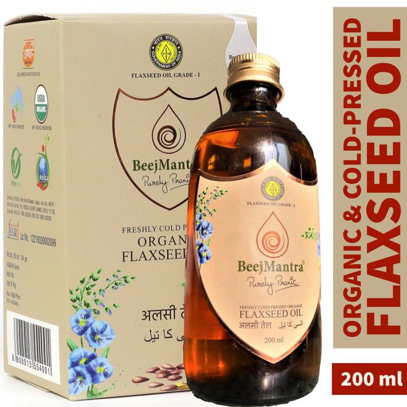 BeejMantra Organic Cold-Pressed Flaxseed Oil Glass Bottle  (200 ml)