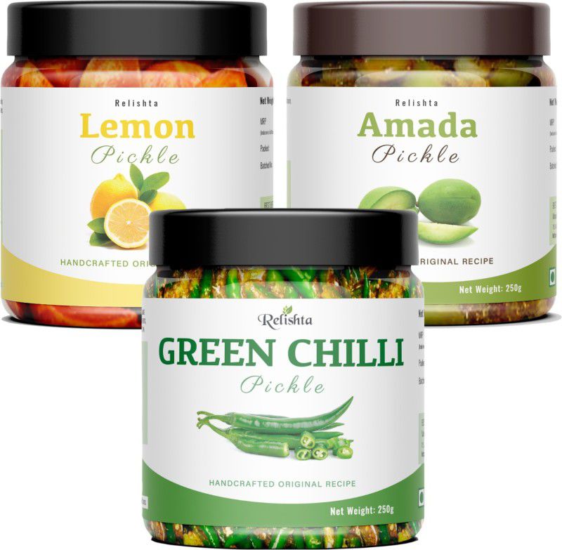 Relishta Green Chilli Lemon & Amada Pickle Hari Mirch Achar (4x250G) Less Oil Homemade Green Chilli Pickle  (3 x 250 g)