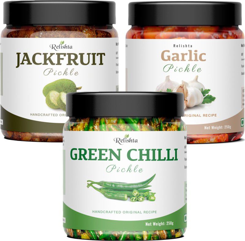 Relishta Green Chilli Jackfruit & Garlic Pickle Mirch Ka Achar (4x250G) Less Oil Homemade Green Chilli Pickle  (3 x 250 g)