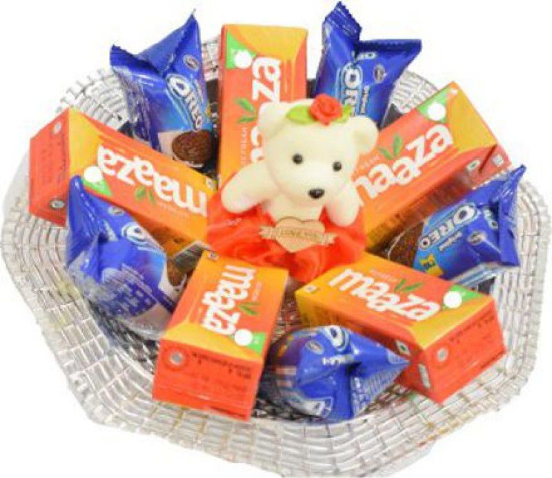 Uphar Creations Oreo Mango Juice Basket For Mango Lovers With Cute Teddy | Gift Hampers| Combo  (Jali Basket-1, Mazza-5, Oreo Biscuits-5, Teddy-1)